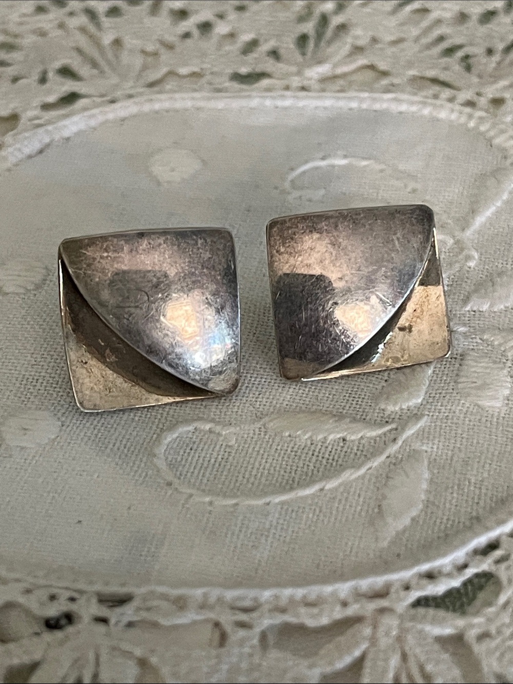 Vintage 925 Taxco Mexico Sterling Silver Modernist Square Stud Earrings